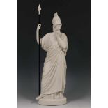 Marmeren sculptuur naar de klassieken;Minerva staand met geplooid gewaad en losse lans in de hand.