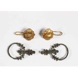 Indonesia, pair of bronze antique earrings and South East Asia, paar of antique gilded metal