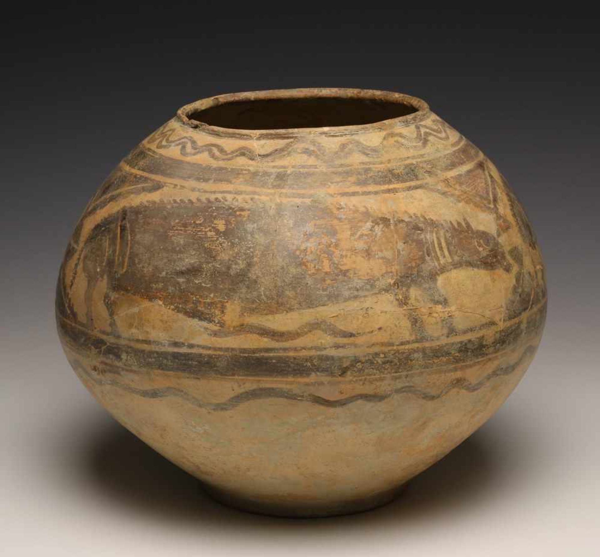 Indus Valei, Pakistan, Mehrgarh, 3000-2400 BC., terracotta vasepainted with three images of a