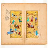 Perzie, twee boekbladen miniaturen, 18de eeuwmet jachtscenes en tekst; 1; Persia, painted miniature,