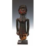 Nigeria, Ibibio, painted wooden puppet figurewith moveable arms and textile headband; h. 32 cm.; [