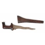 Borneo, Dayak, dagger with curved blade,the blade with pamor, the wooden sheet with relief carving