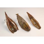 PNG, Abelam, three plaited rattan small yam maskspainted in various pigments.; h. ca. 31 cm.; Tom