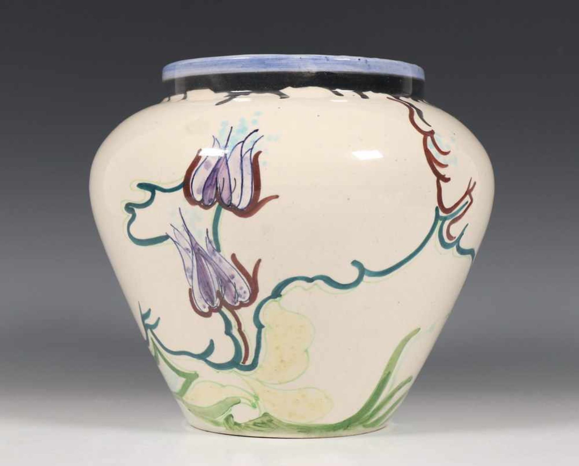 Ontwerp Josef Inwald, geperst glazen vaas, Art Deco,met décor van vissen. Hierbij Gouda, plateel - Bild 3 aus 4