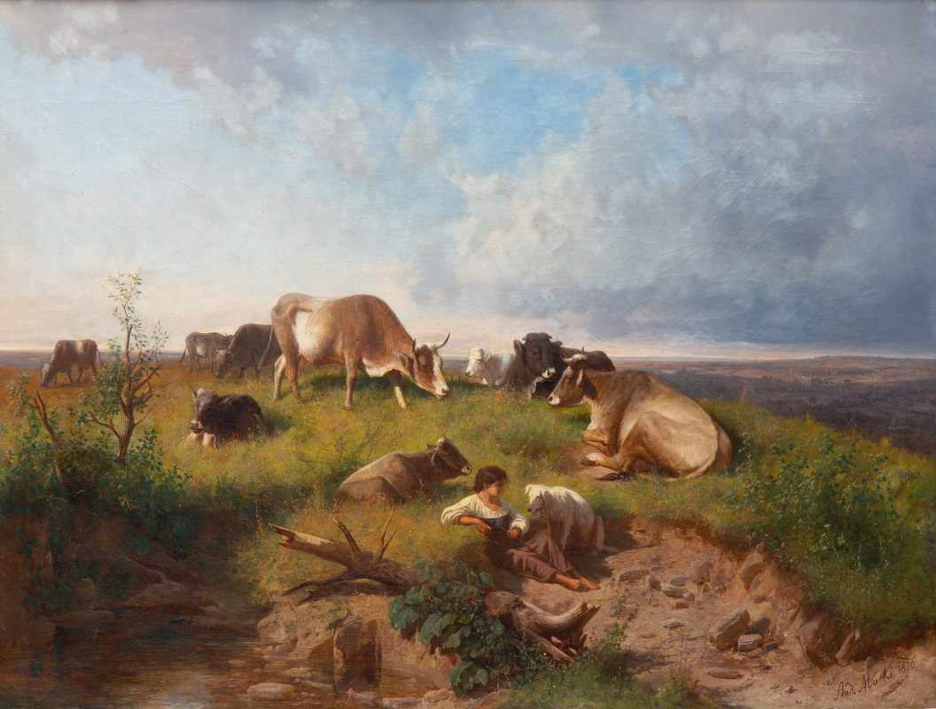 Andreas Marko (1824-1895)Uitgestrekt landschap met herderin en hond bij een kudde koeien; doek; 75 x