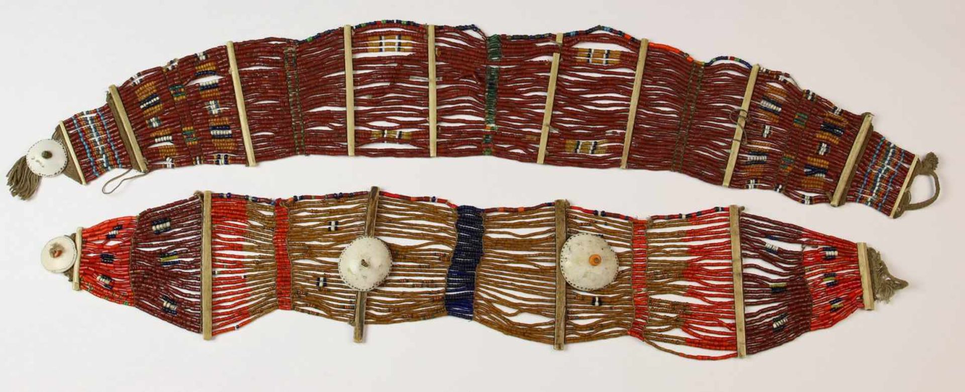 North East India, Naga, two beaded necklaces, ca. 1900,with shell ornaments and bone dividers. ; - Bild 2 aus 2