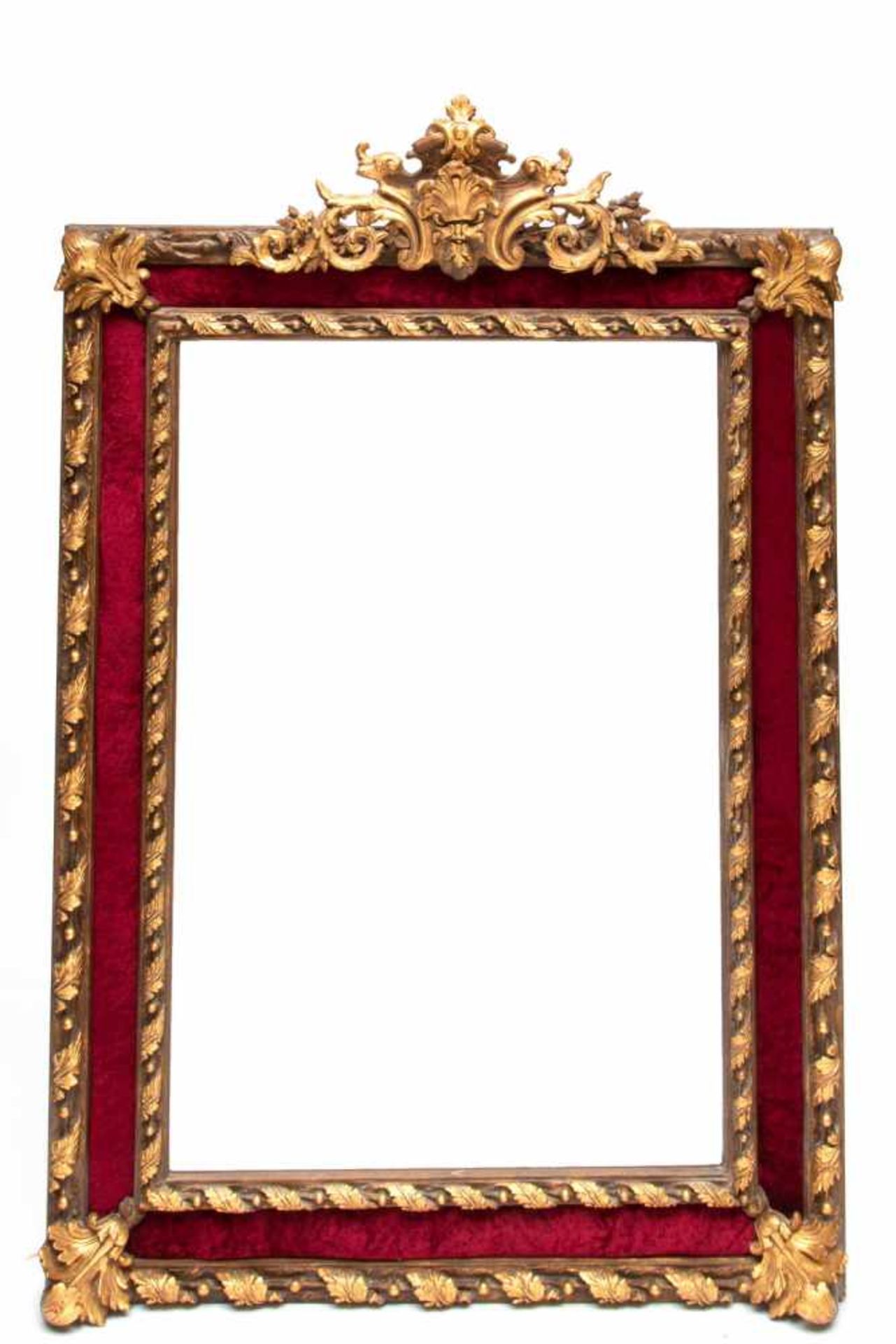 Paar kapitale rechthoekige gefacetteerde spiegels in vergulde lijst deels bekleed met rode velours - Image 2 of 2