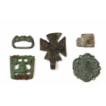 Collection of five various antique bronze amulets and fragments;one Limoge open worked belt