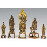 Vijf verguld bronzen sculpturen van Boeddha in de Qin, Sui en Tang stijl, 19e-20ste eeuw;h. 5,5