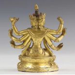 Tibet, verguld bronzen sculptuur, 18e-19e eeuw;Brahma met drie gezichten en zes armen. Met oud