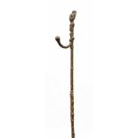 Nigeria, Yoruba, brass dignitary staff,surmounted by a seated male figure above a curved