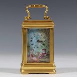 Frankrijk, miniatuur reisklokje, zgn. carriage clock, ca. 1890;verguld messing gorge case met