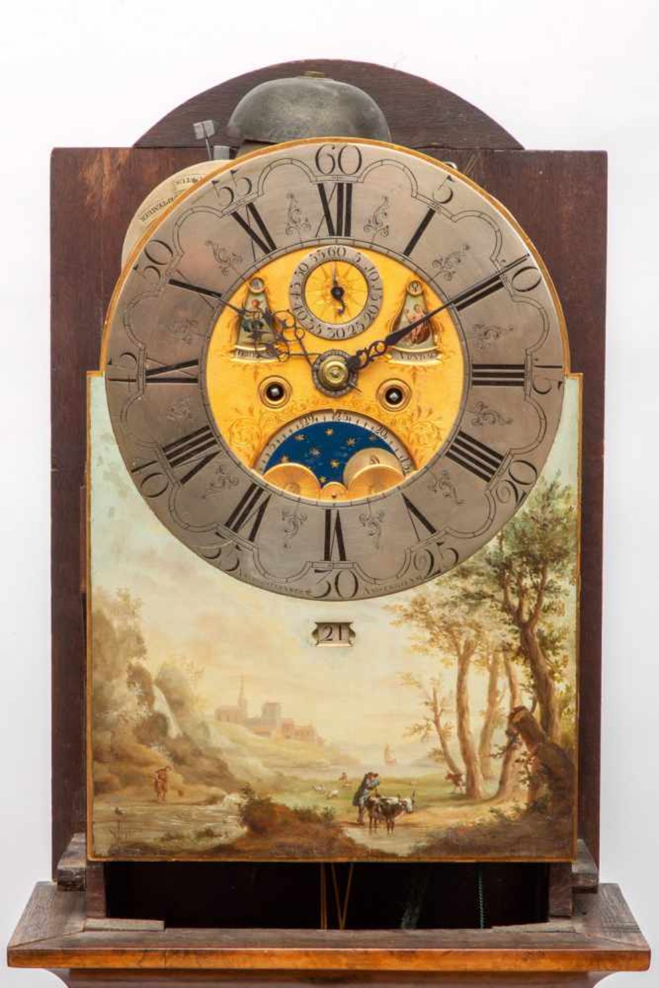 Staand horloge, ca. 1760,met koperen en beschilderde wijzerplaat, vertinde cijferring en - Bild 2 aus 2