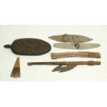 PNG, Sepik, spear thrower and Asmat, carved wooden pigment bowlherewith three body ornaments; two