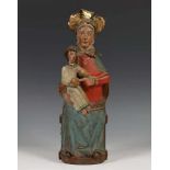 Gestoken en polychroom vruchthouten sculptuur;Madonna met kin, de kroon deels met gouddraad; h. 32