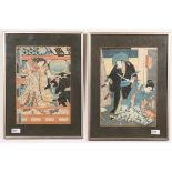 Japan, Kunisada, gesigneerd Toyokuni III, twee houtsnedes,twee gedeelten van een triptiek, in lijst;