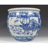 China, blauw wit porseleinen cachepotmet decor rondom van figuren in tuin; diam. 34 cm.; 1500