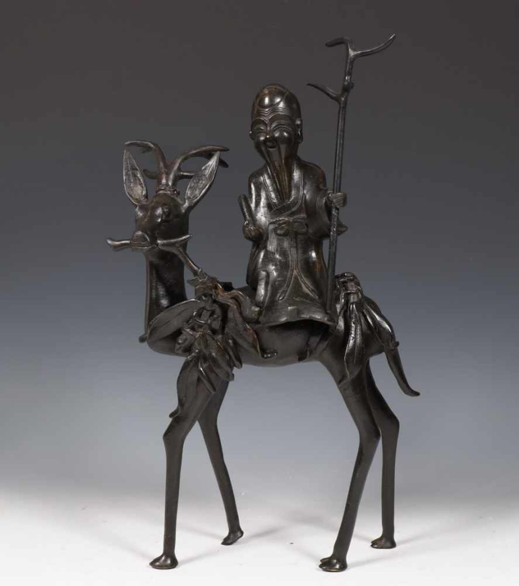 China, zwart gepatineerd bronzen sculptuur, Ming/Qing dynastie, 17e eeuw;Shoulao schrijling