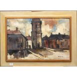 Isidore Opsomer (1878-1967)Huizen bij een kerktoren; doek; 50 x 75 cm.; gesign. r.o.; Uit de