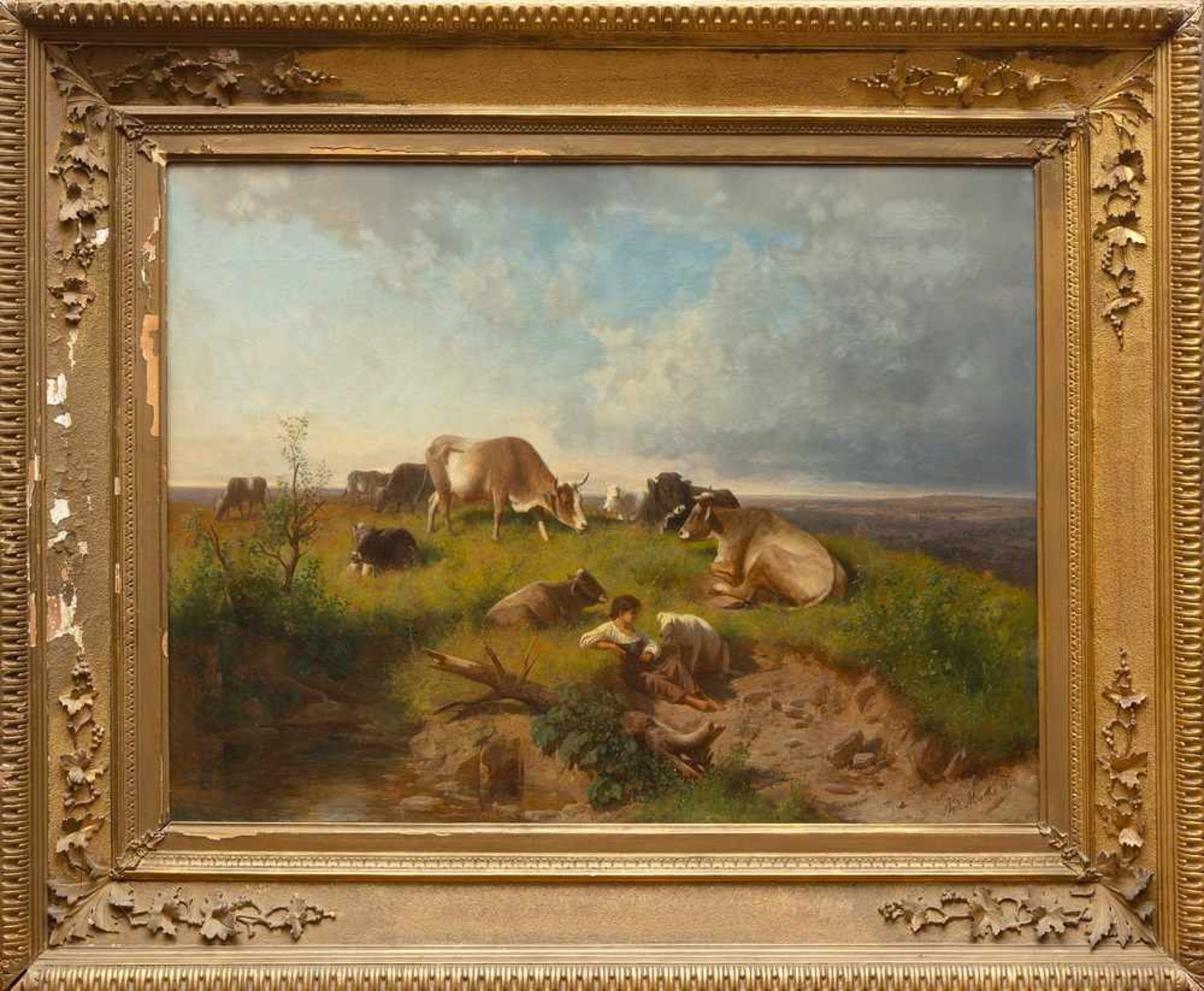 Andreas Marko (1824-1895)Uitgestrekt landschap met herderin en hond bij een kudde koeien; doek; 75 x - Bild 3 aus 3
