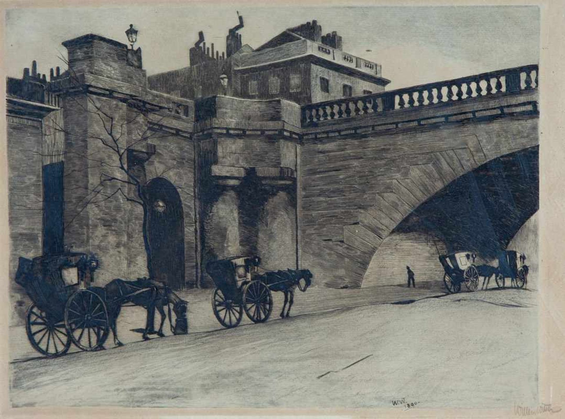 Willem Witsen (1860-1923)Wachtende rijtuigen bij Waterloo Bridge, Londen; ets en aquatint; 27,8 x - Image 2 of 2