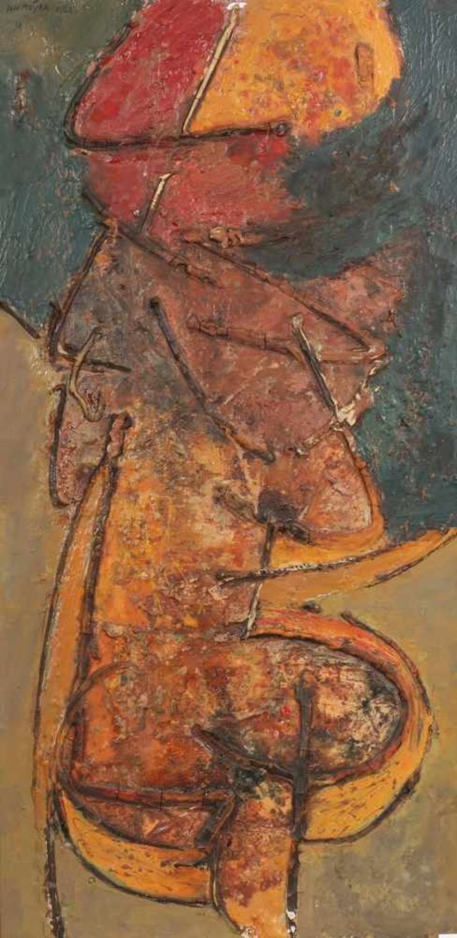 Jan Meijer (1927-1995)'Souvenir Dogan'; doek (beschadigd); 100 x 50 cm.; gesign. l.b., 1/'62; Uit de - Bild 2 aus 3