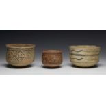 Indus Valei, Pakistan, Mehrgarh, 3000-2400 BC., three terracotta bowls,one with depiction of two