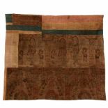 China, twee beschilderde antieke katoenen doeken,uit samengestelde delen, een rand waarop drie