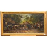 Hollandse schoolBoeren bij koeien op een veemarkt; doek; 46 x 93 cm.; Uit de collectie van een