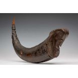 Sumatra, Toba Batak, carved horn container, naga morsarang,the horn carved on top with an