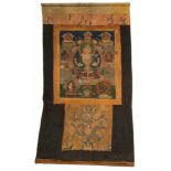 Tibet, tangka, 18e-19e eeuw;op zijde beschilderde tangka met voostelling van monnik op lotustroon