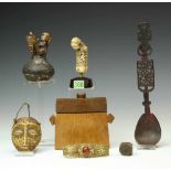 Sumatra, Batak, pukpuk container with wooden stopper, janus figure riding Singhaherewith six various