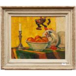 Jan Poortenaar (1886-1958)Stilleven met vruchten op een schaal en een kandelaar op tafel; doek; 41 x