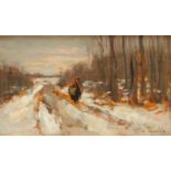 Arina Hugenholz (1848-1934)Vrouw in winters landschap; board; 15 x 25 cm.; gesign. r.o.; 1100