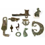 Three bronze Roman objects, ca. 2nd century;part of a lock decorated with lion and two birdshapes,