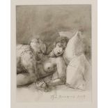 Theo Daamen (geb. 1939)Vrouw met teddybeer. Hierbij litho door Chagall.; inkttekening; 22 x 17