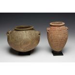 Egypt, two terracotta pots, Nagada Period, 4th-3rd Mill BC.,one bulbous with cecoration of spiral