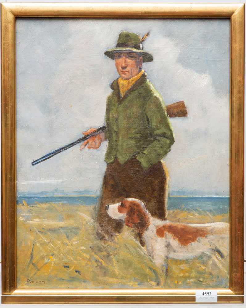 Toegeschreven aan Piet van der Hem (1885-1961)Een jager met zijn hond in een veld; maroufle, ; 47 - Image 2 of 3