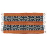 Timor, two ikat mens’ cloth with stylized anthropomorphic figures and geometrical