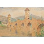 Jan Poortenaar (1886-1958)Gezicht op de Pont Valentré bij Cahors, Zuid-rankrijk; aquarel; 36 x 51
