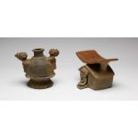 Equador, two terracotta objects, one with old collection number in whiteon vase with a standing