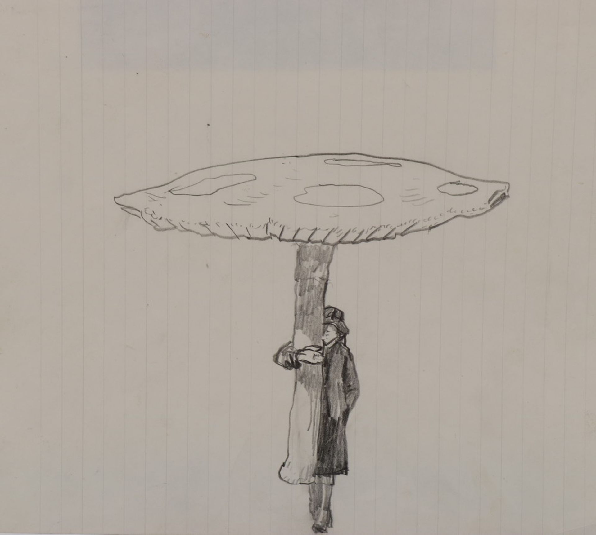 Paul Thek (1933-1988)Zelfportret met paddenstoel-paraplu; potloodtekening, niet ingelijst; 21 x 26 - Bild 2 aus 2