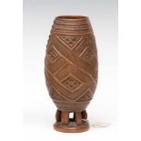 DRC., Kuba Kingdom, carved cilindrical palm wine cup,on a open carved stand. With to local