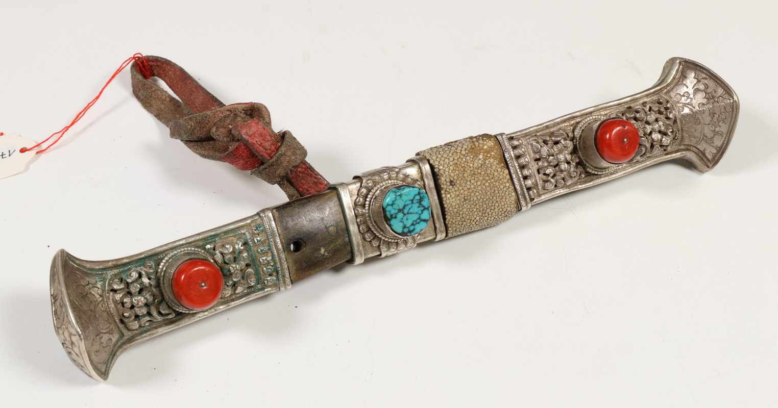 Tibet, Dughti knife, 19th century. Silver, steel, horn, leather, snake skin, turquoise and