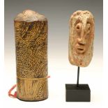 PNG, Sepik River bone chalk stick, Sepik, stone head and Teluk Cenderawasih, bamboo containerwith