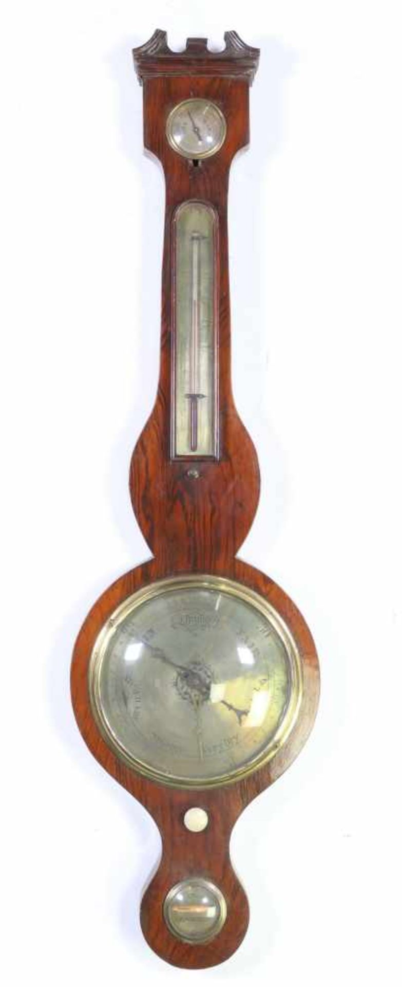 Engeland, twee banjo barometers;verzilverde schaalplaten, één gesigneerd W. Spray, Crowhurst. Ca.