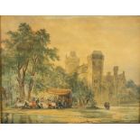 Barend Cornelis Koekkoek (1803-1862)Elegant gezelschap aan een tafel buiten bij een kasteel;