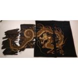 China, zijde, geborduurde textielfragmenten waaronder diverse grote draken in gouddraad op zwarten