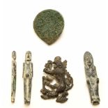 Three metal small anthropomorphic figures and two antique amulets;one amulet of Islamic origin,