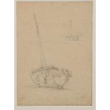 Andreas Schelfhout (1787-1870)Vissersboot op het strand bij een dorpje / Studieblad met schetsen van